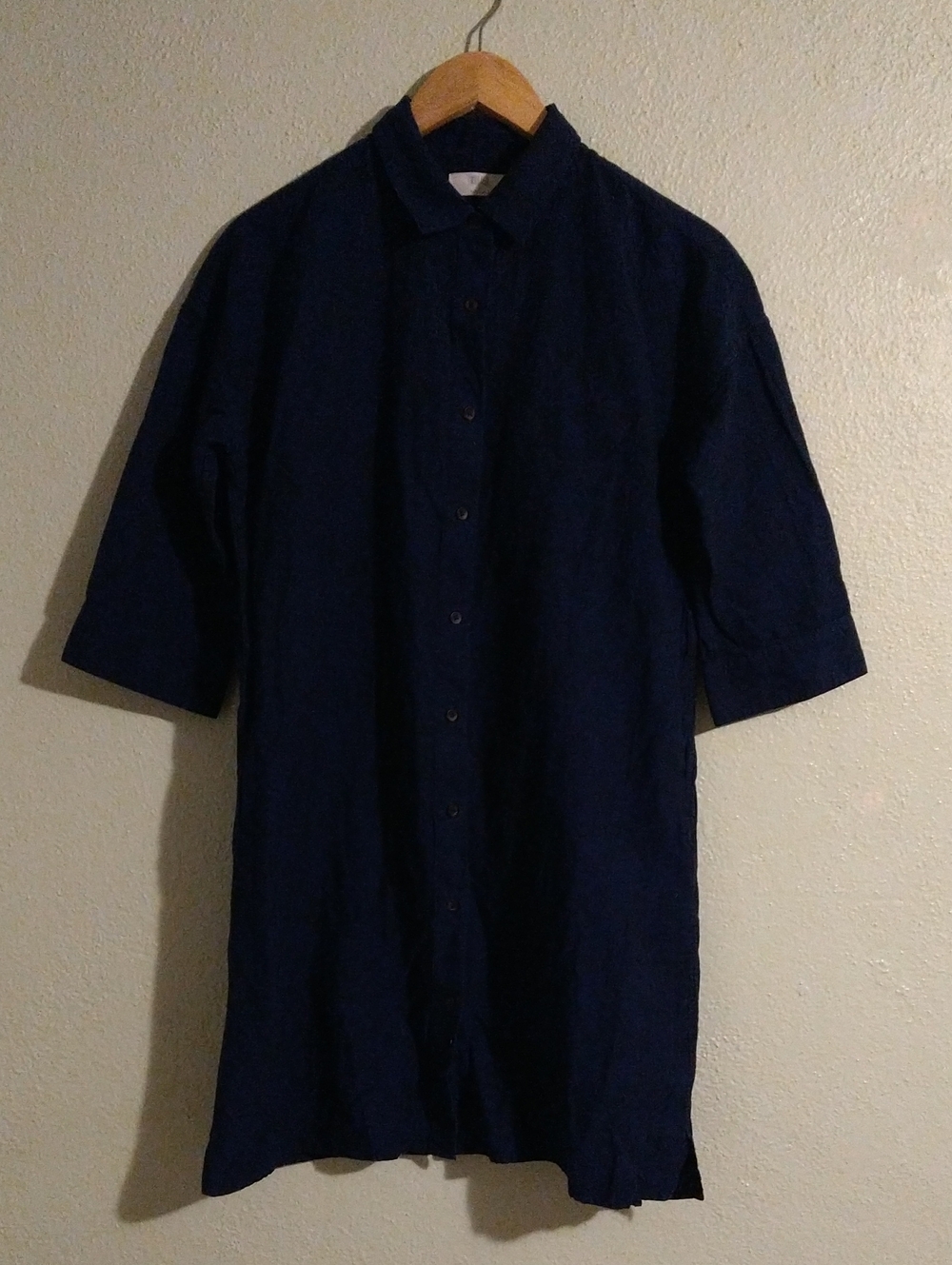 Uniqlo Linen Blend Shirt Dress 3/4 Sleeves Navy Medium M
